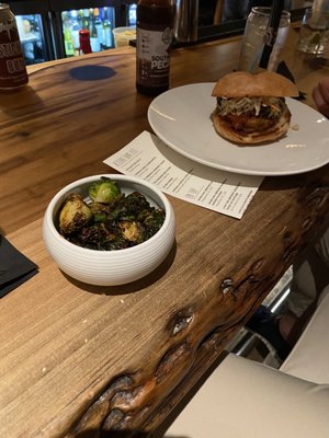 Brussel sprouts, pulled pork sandwich