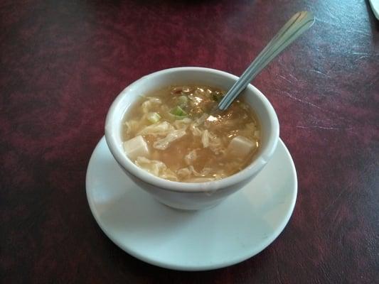 Complementary hot and sour soup at lunch.