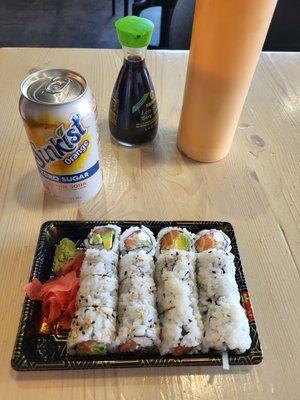 2 roll lunch special.  Alaskan roll, Philadelphia roll and Diet Sunkist.  Low sodium soy sauce and spicy mayo.