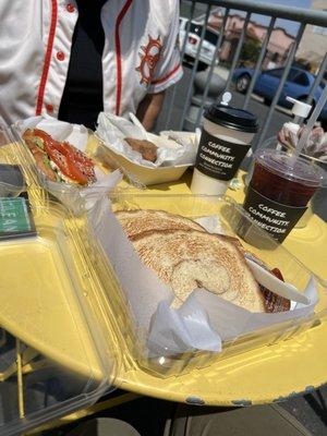 Avocado Toast (egg,cheese and tomato), French toast, coffee cake, ice tea hibiscus, and hot chai latte