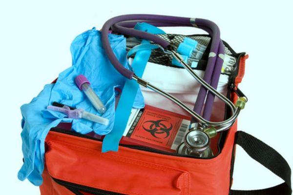 Blood drawing kit for home care use. Includes rubber gloves, tourniquet, tubes, sharps container, etc.