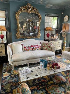 Our front room has furniture to order, lamps, and special butterfly tables! One of three large mirrors and a pair of French chests!