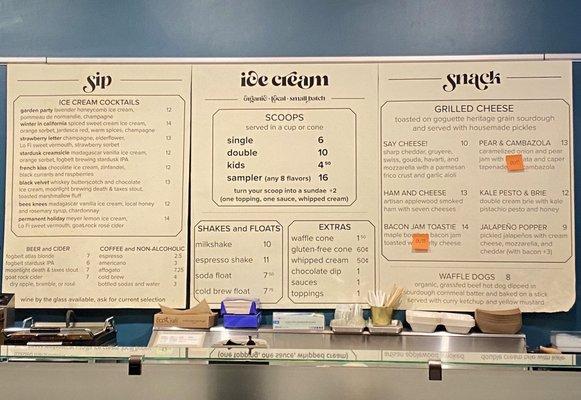 Ice cream and ice cream cocktail menu