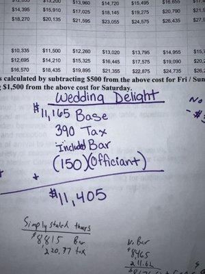 $150 officiant discount but the papers showed $175...another lie. Not wanting to give the full $175 discount.