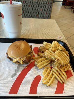 Honey Pepper pimento cheese Chick-fil-A- Spicy Chicken Sandwich Meal with large Coke.