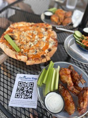 Buffalo chicken pizza and wings