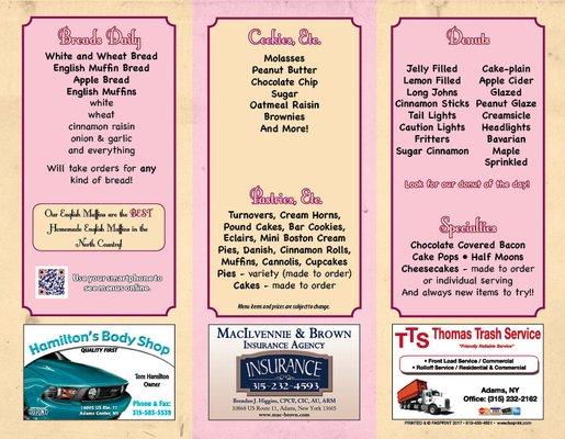 Pearl's Pastry Shoppe 2017 Menu