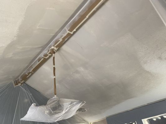 Ceiling after day 1 of the work (2-day job). Damaged area was restored, area is primed and very well sealed off.