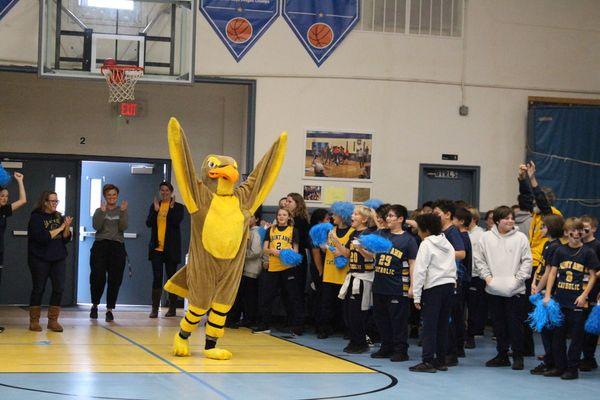 The Falcon is Saint Ann's mascot. Here is the Falcon making an appearance at the annual Pep Rally!