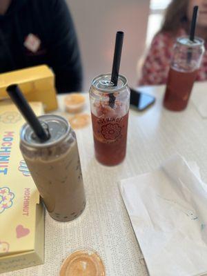 Coffee boba and strawberry ice tea with popping boba