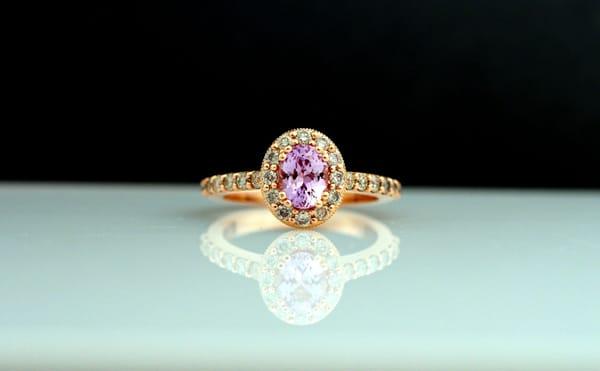 Pink sapphire, 14k rose gold and diamond engagement ring!