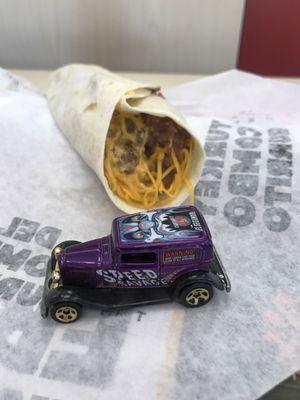 A nice beef burrito for breakfast this morning and a Hotwheel.   :)