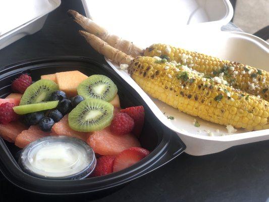 Fruit salad w/yogurt and roasted street corn