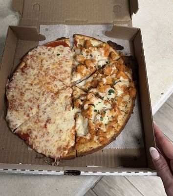 Cauliflower personal pie with half buffalo chicken and half regular