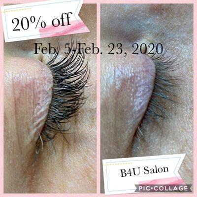 Get your 20% off on Lashes Extensions. BTW Feb. 5-Feb23, 2020