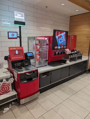 Grab-and-go section with a self-checkout kiosk