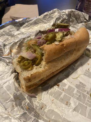 Chicken Tender Sub.. Toasted, pepp Jack cheese, Haberno sauce, jalapeño ranch, pickles, red onions, lettuce, jalapeños, salt, pepper