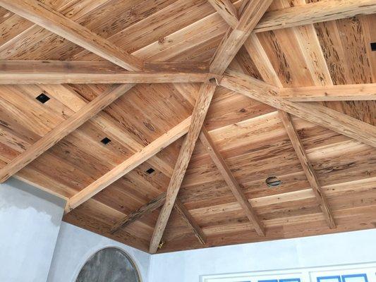 Pecky Cypress ceiling and beams.