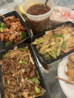 S5. Mongolian Beef, S11. Sesame Chicken, 21. Quart of Hot and Sour Soup, D5. Pork Chop Suey Dinner Special