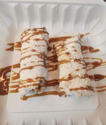 Pumpkin Cheesecake Egg Rolls With Salted Caramel Drizzle. (Seasonal)