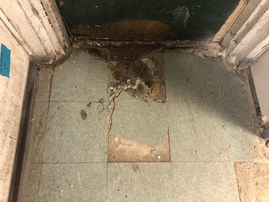 Damaged asbestos-containing floor tile and black mastic