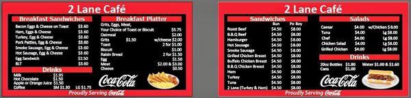 2 lane cafe menu