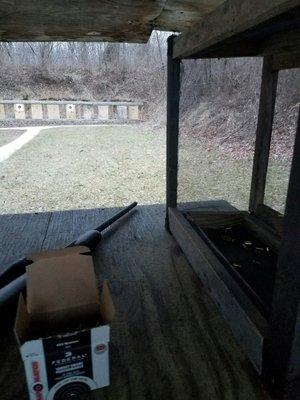 25 yard range, brass trap for easy clean Up and a bench to sit and aim on.