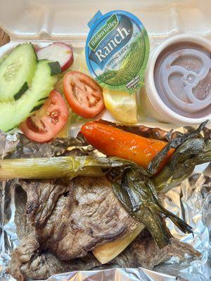 Carne Asada plate. Comes with rice beans tortillas and salad. So so good!