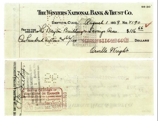 Orville Wright's check written at what is now Chase branch at 1158 West Third St, Dayton, OH 4540.