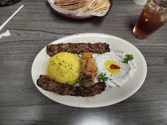 Beef Lula kabob and chicken with lebneh with Labenese iced tea!