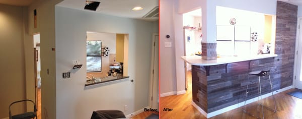 Kitchen opening with quartz and reclaimed wood