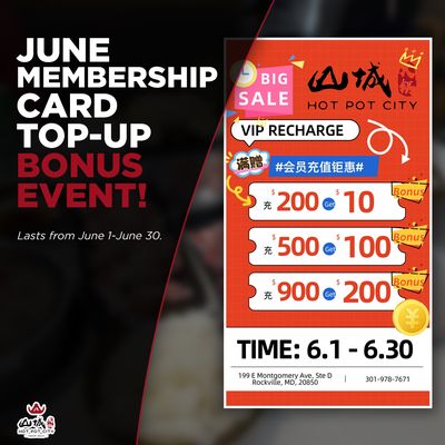 From June 1 to 30, we have a bonus when you top up your membership card!

Check out the information pictured for more details!