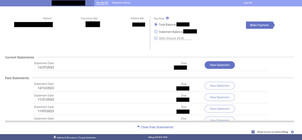 The billing page, with NO option to see an account ledger. There is also no way to track full payment history, only credit card payments!