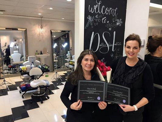 Gina Moore Smith (right), owner of Gigi's Beauty Lounge (microblading) in Colleyville, Texas holding an advanced microblading certificate.