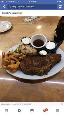 Tonight's Special! Cajun Prime Rib, jumbo shrimp, baked potato and mixed Vegetables