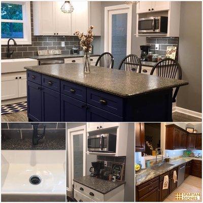 Kitchen- New Caledonia Leathered w/ Farmhouse Sink Master Bath- Giallo Ornamental Upstairs Bath- Black Pearl Leathered Featuring Big Bevel E