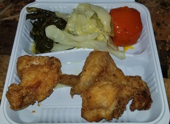 Fried Chicken, Collard Greens, Cabbage, & Yams