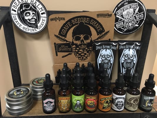 Grave before Shave beard products! We carry beard wash, oil and balm....