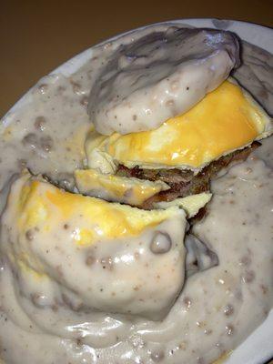 $10 stuffed biscuit w/bacon, sausage & ham! Smothered in sausage gravy! Must get!