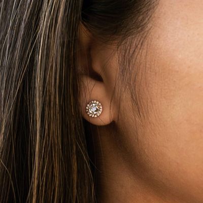 14K Rose Gold Halo Moissanite Earrings with a Colorless Single Rose Cut Moissanite Center Stone