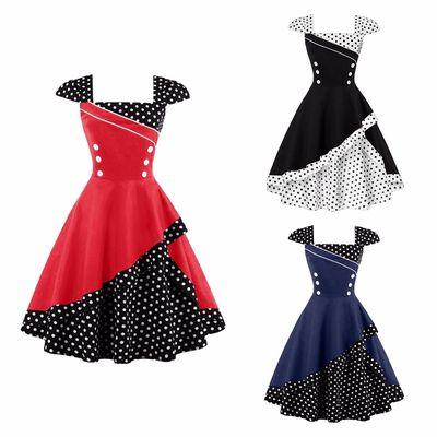 vintage patchwork dress women polka dots button red black 1950s dresses elegant summer female vintage dresses