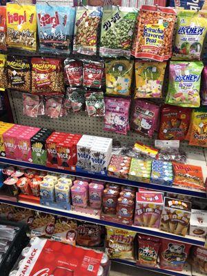 Japanese chips, candies, and chocolates. (Pocky, Karamucho chips, shrimp chips, and more)