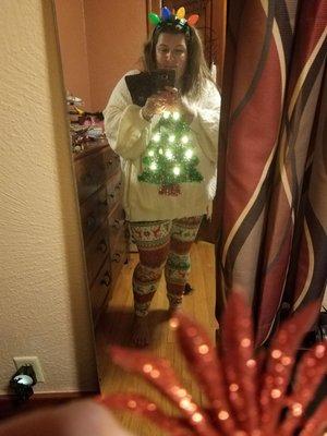 DIY Christmas sweater - $1 lights, $ tree & $1 light up headband - sure beats paying $60 for a light up sweater!!