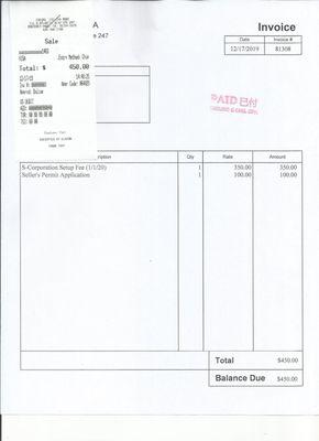 Invoice paid in full. NOTE on the seller's permit application, C&C did not file it at all.