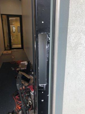 Router cutout in aluminum door-prepped for keyless mechanical lock