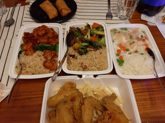 Egg rolls, General Tso, Beef with Vege, Shrimp with Lobster Sauce and Fried Chicken.