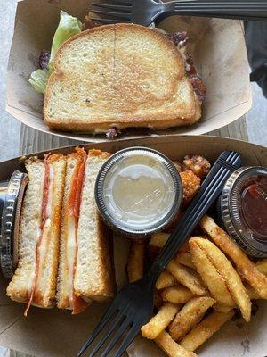 Pizza grilled cheese , frots (fries and tots) and blt minus the t !