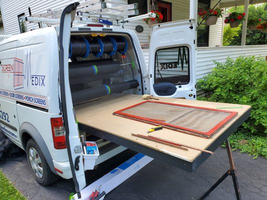 We are fully set up and ready for any type of screen including old wood framed screens like this one. Our Screen Surgeons can handle it