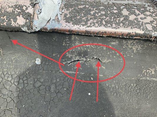 Hole in roofing membrane that will allow water to enter building.