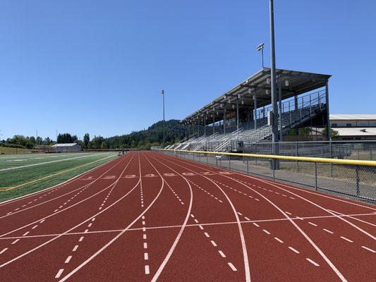 Field left, track center, seating to the right.